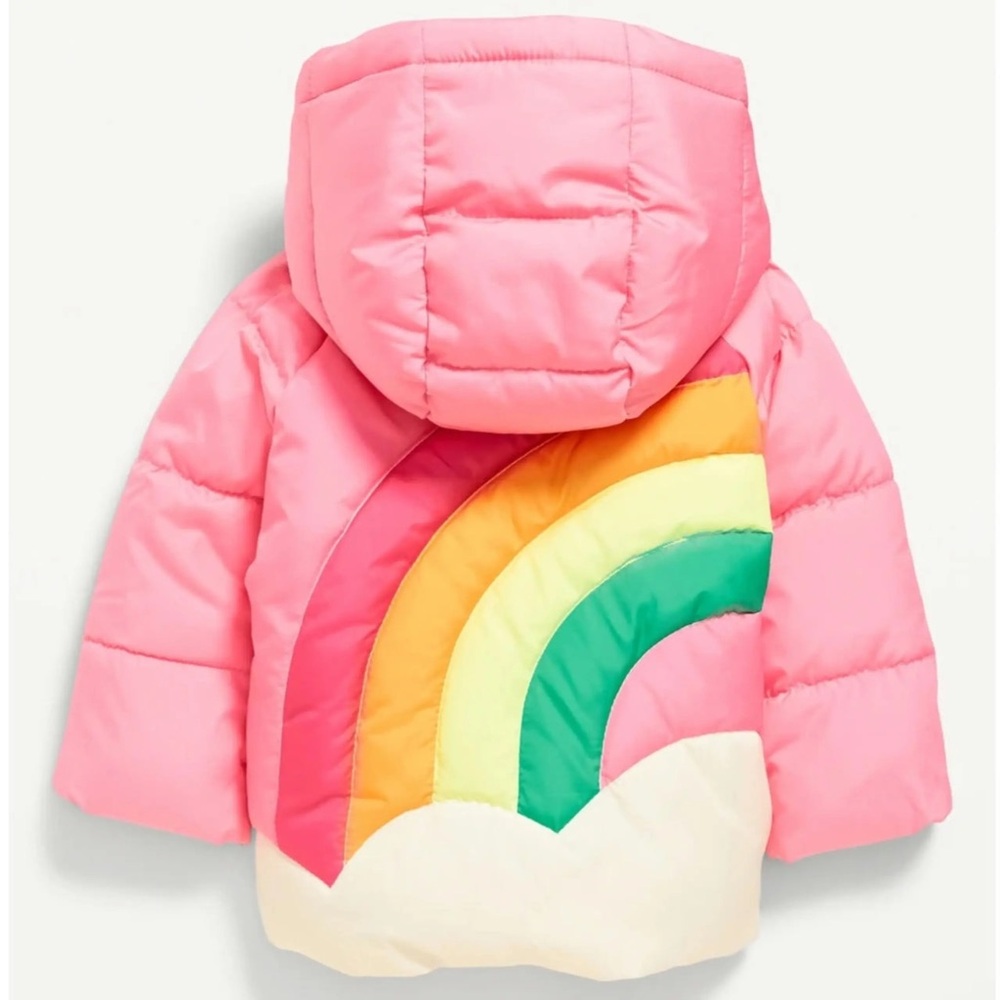 Old Navy Pink Puffer Jacket with Rainbow Design SZ 3-6 months LIKE NEW